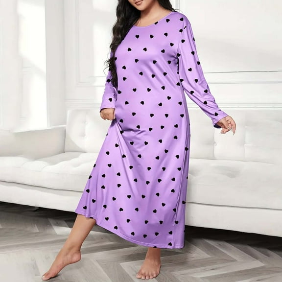 Plus Size Casual Sleep Dress Women's Plus Heart Print Long Sleeve Round Neck Medium Stretch Loose Nightdress, Lightweight Viscose Nightgowns for Spa Relaxation