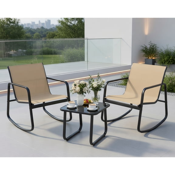 Kadyn 2-Piece Rocking Bistro Set with Tempered Glass Table – Black Metal Outdoor Chairs & Coffee Table for Balcony, Porch, Backyard, and Poolside