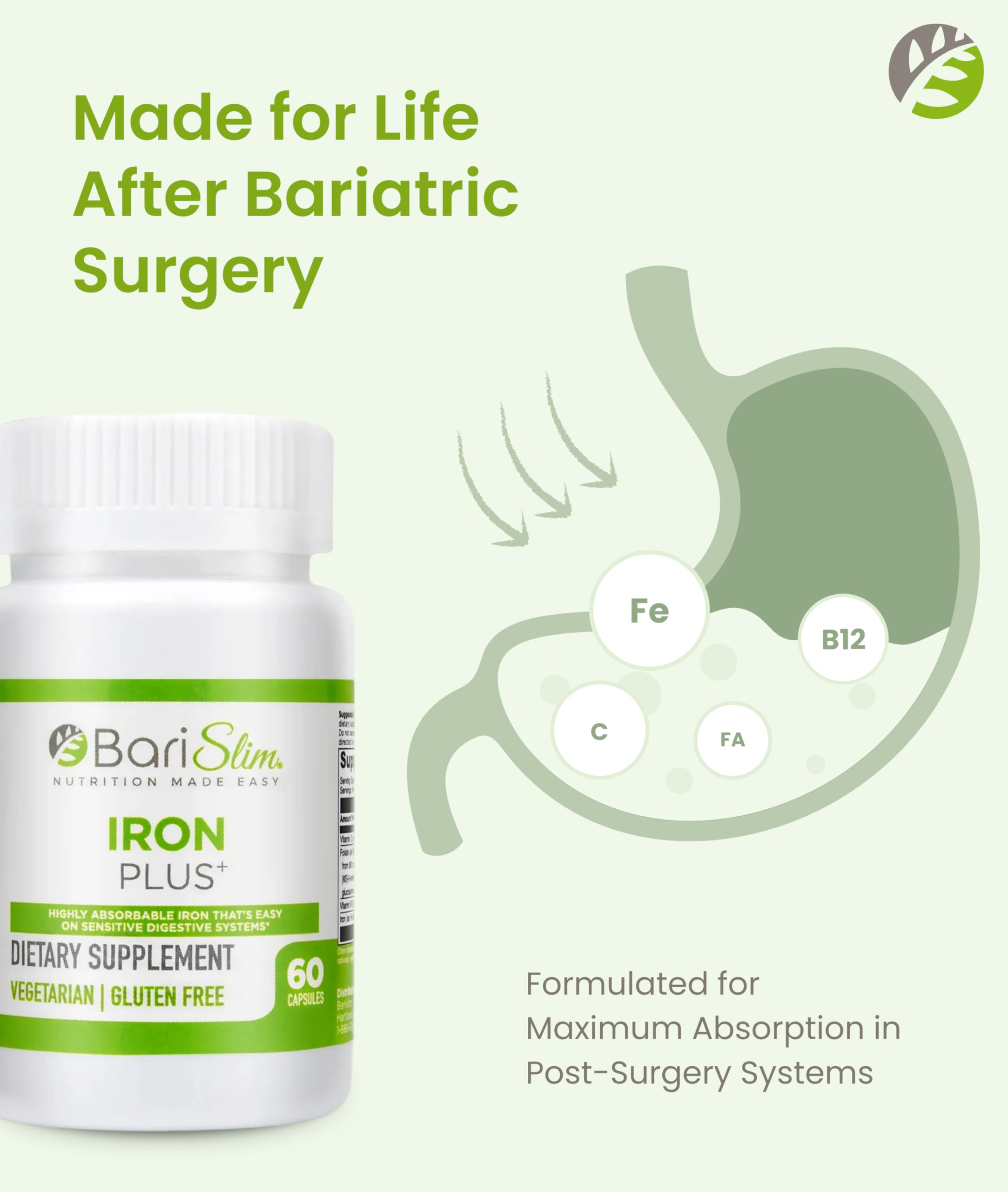 BariSlim Iron Plus Capsules for Bariatric Patients - Unisex, Adults | 2 Month Supply (60 Servings)