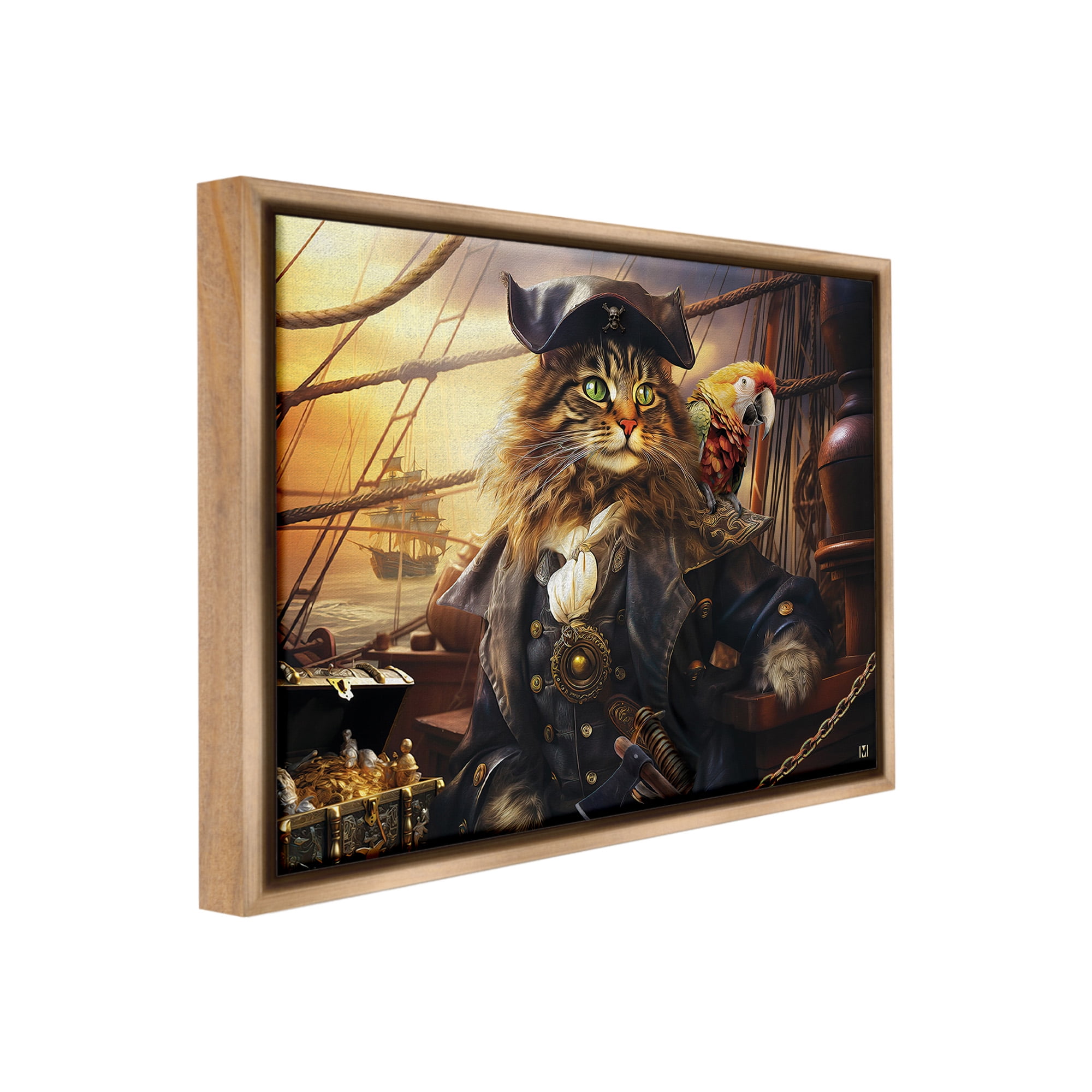 Stupell Industries Pirate Cat on Ship Animals & Insects Painting Brown Floater Framed Canvas Art Print Wall Art, 21 x 17