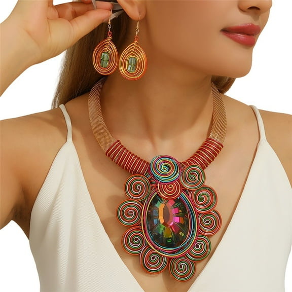 African Jewelry Sets Statement Big Crystal Pendent Necklace Earrings Set For Women Handmade Bib Collar Costume Tribal Fashion Accessories