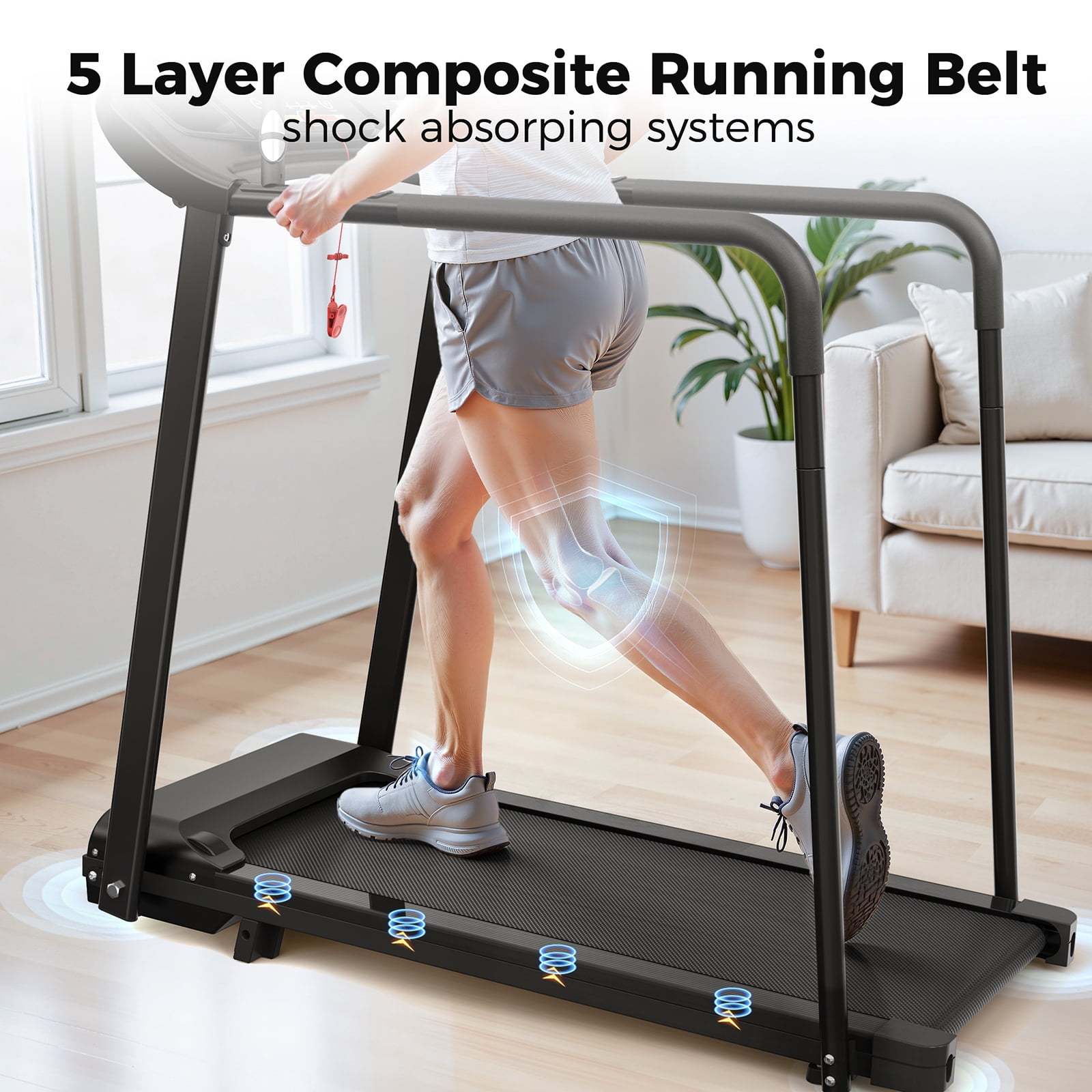 Walking Pad Treadmill for Senior, Foldable Exercise Treadmill with Stable and Safe Structural Design, Large LED Display for Elderly, Long Handrail for Balance, 300 Lbs Capacity