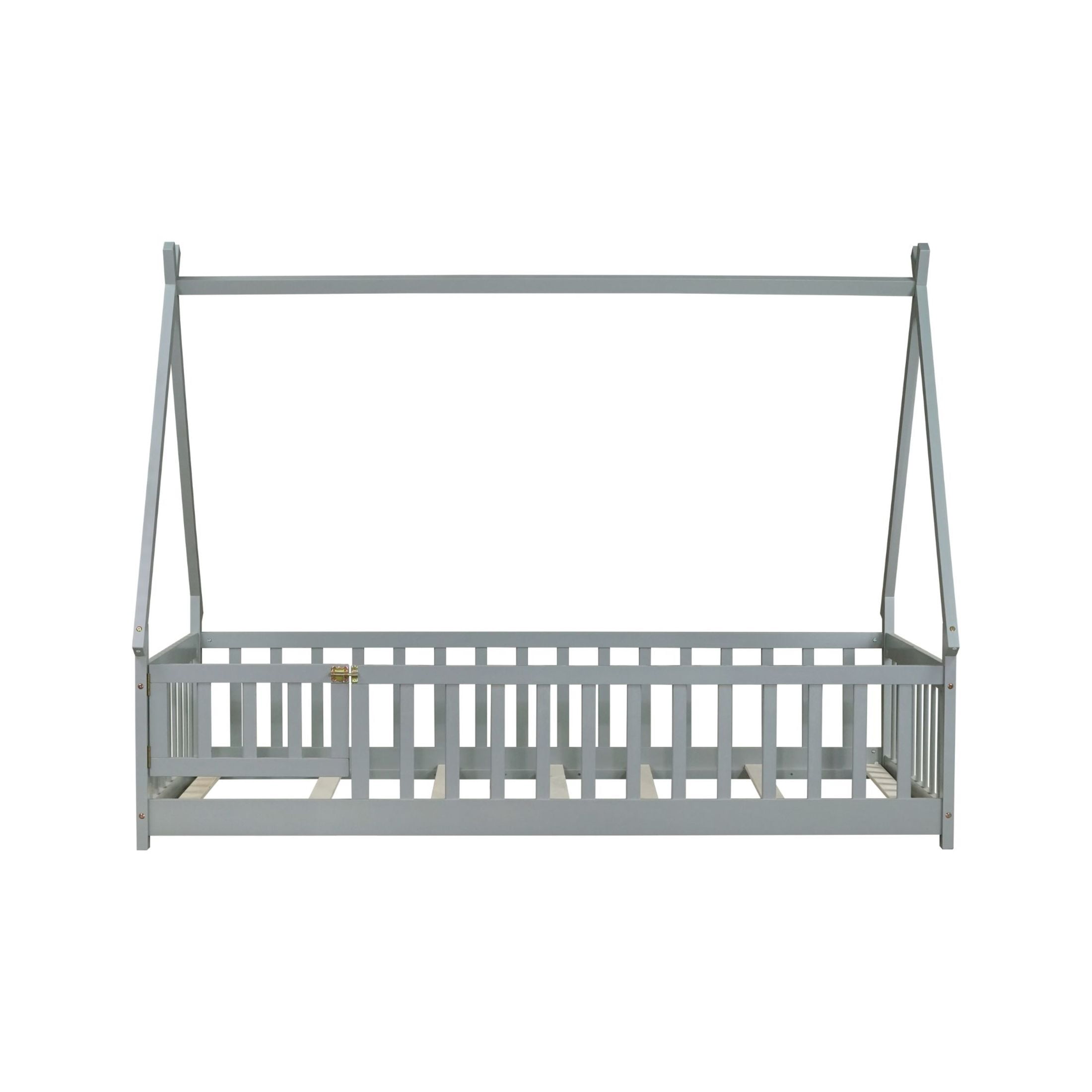 Noble House Misty Twin Teepee Floor Bed with Safety Fence and Door, Solid Rubber Wood Tent Bed, Kid's Room, Gray