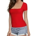 thumbnail image 4 of DuoJiaJ Womens Short Sleeve Long Sleeve Square Neck T Shirts Tops Tees Women’s Crop Tops Red, 4 of 5