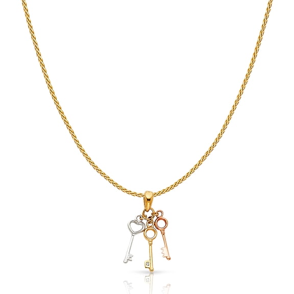 Ioka-14K Tri Color Gold Key to My 3 Triple Variety Key Charm Pendant with 0.9mm Wheat Chain Necklace - 16"