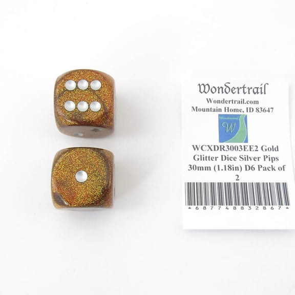 Gold Glitter Dice with Silver Pips 30mm (1.18in) D6 Pack of 2 Wondertrail