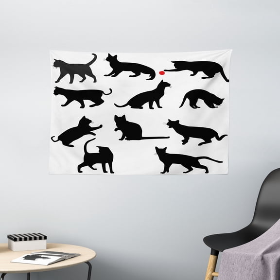 Cat Tapestry, Silhouette of Kittens in Various Postures Playing with Red Ball Animal Pet Paw Print, Wall Hanging for Bedroom Living Room Dorm Decor, 60W X 40L Inches, Black White, by Ambesonne