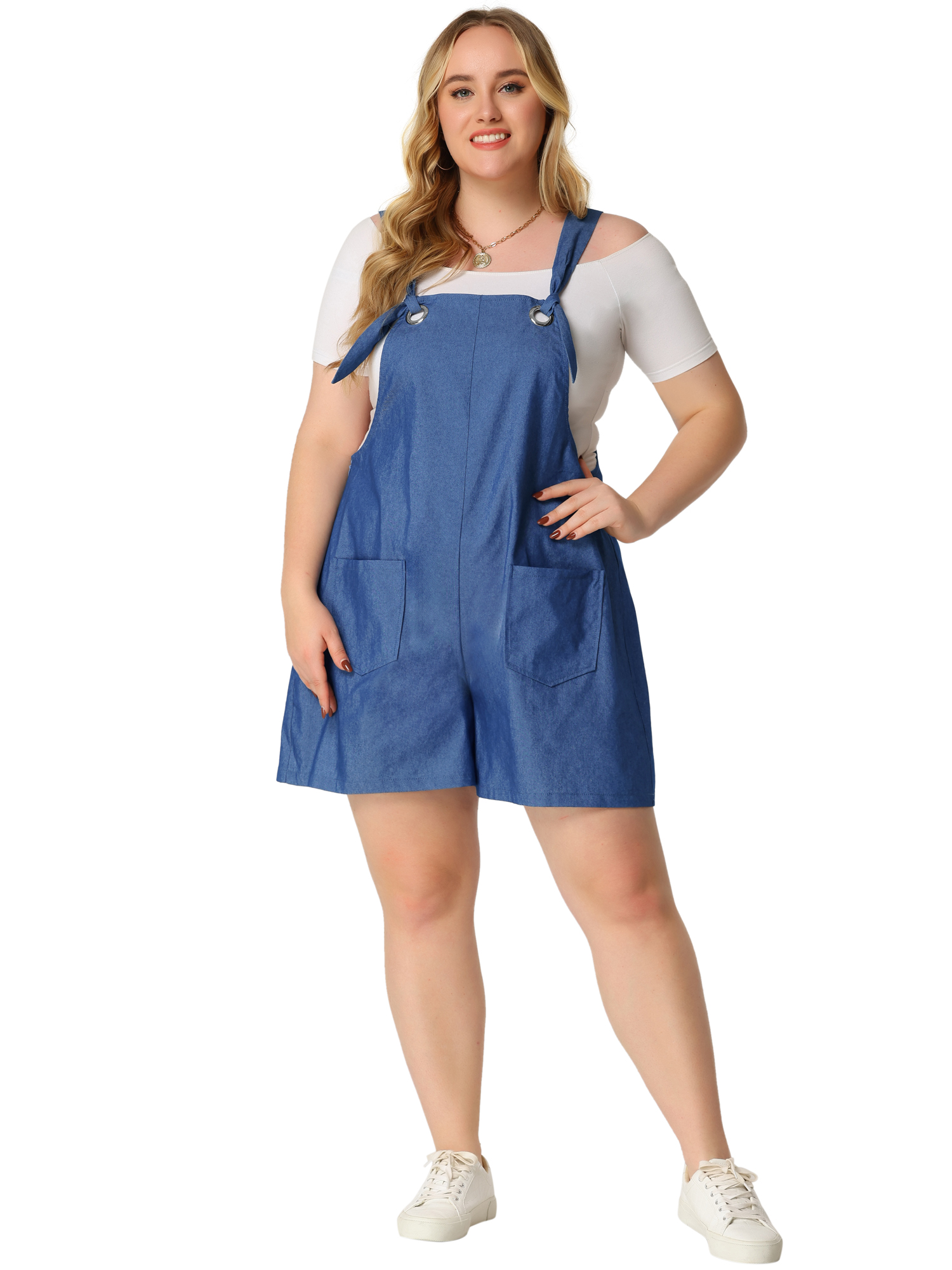 DARING DIVA Women's Plus Sleeveless Square Neck Tie Shoulder Romper Shorts 3X Blue