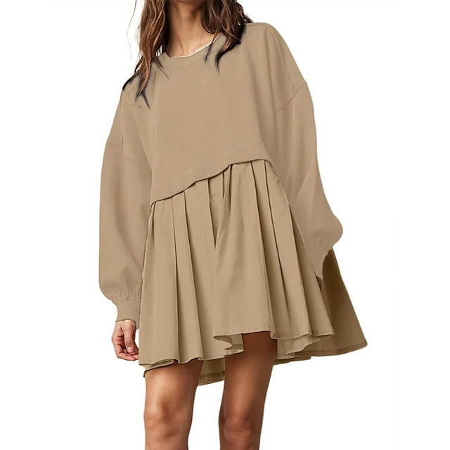 Robe Chandail Surdimensionnée pour Femmes Longue et Fluide à Empiècements, Chandail à Enfiler Mignon à Épaules Tombantes, Chandails d'Automne à Manches Longues, Mini-Robe, Adolescentes, Col Ras du Cou, Tunique Unie Plissée, Vêtements Amples Beig