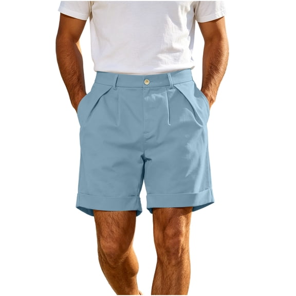 PEIBang Men's Relax Fit Pleated Casual Shorts,Button Closure Waist Rolled Cuff Everyday Wear Pocketed Shorts Sky Blue XXL