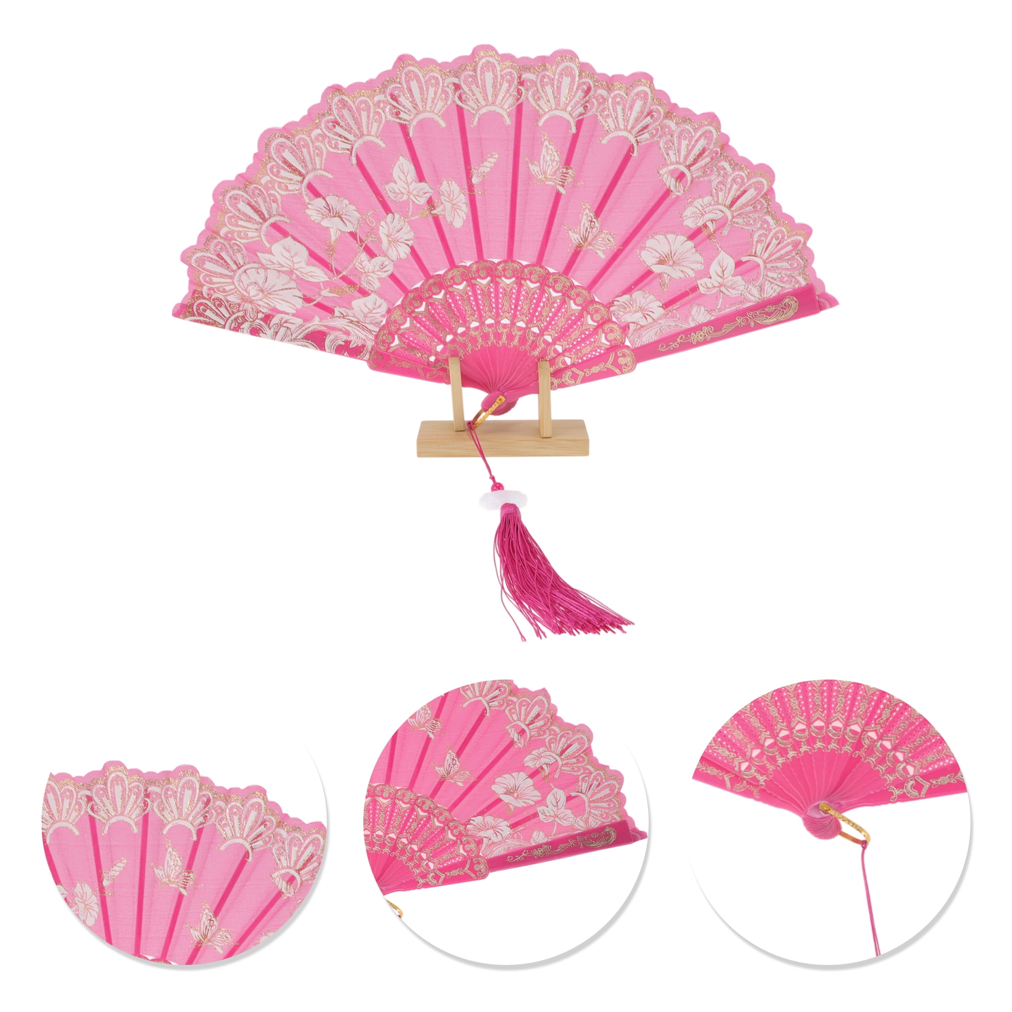 Unique Bargains Tassel Folding Fan 1 Pc for Weddings Parties Rose Red