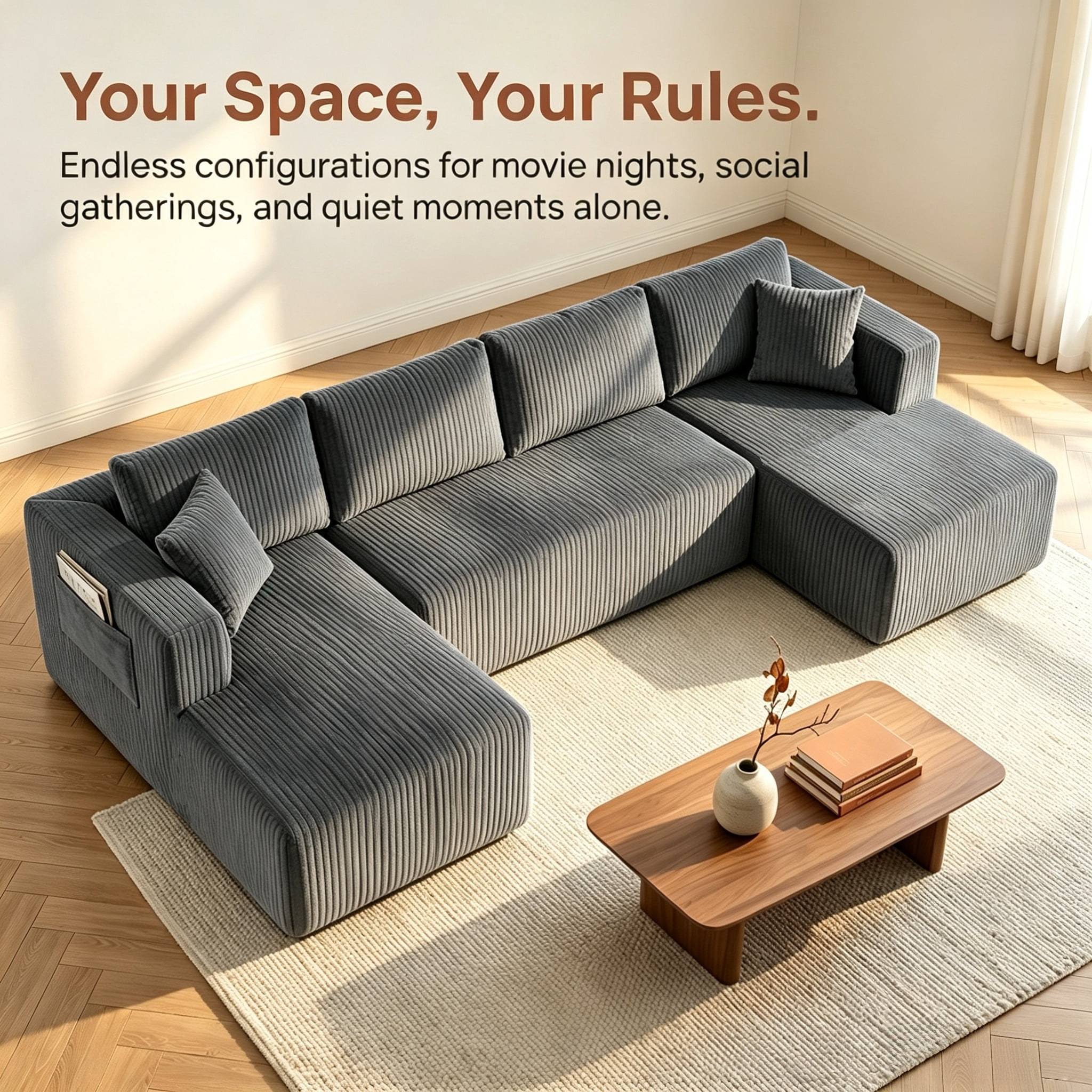 ShiKeyi 132.5" Modern U-Shaped Modular Sectional Sofa with Double Chaise, Corduroy Fabric Cloud Couch Set with Storage Pockets for Living Room, No Assembly Required, Drak Gray