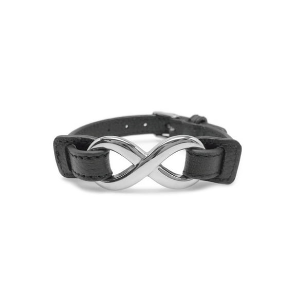 Adjustable Black Leather Infinity Bracelet Stainless Steel Clasp Mens Womens (7.5 Inch)