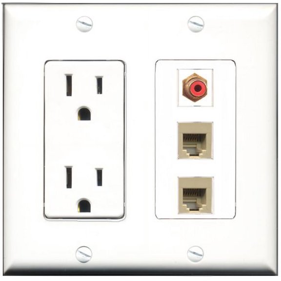 RiteAV - 15 Amp Power Outlet 1 Port RCA Red 2 Port Phone Beige Decorative Wall Plate