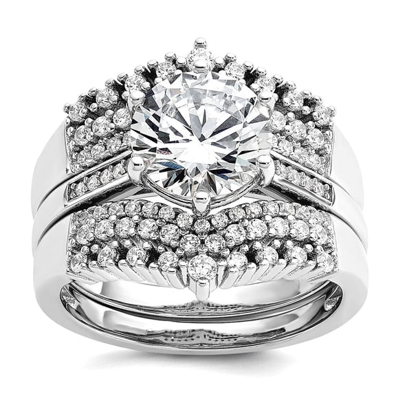 9.9mm Ss Rhodium Plated Fancy Cubic Zirconia With Two 3-row Bands Ring Set Size 8 Ring for Women and Men
