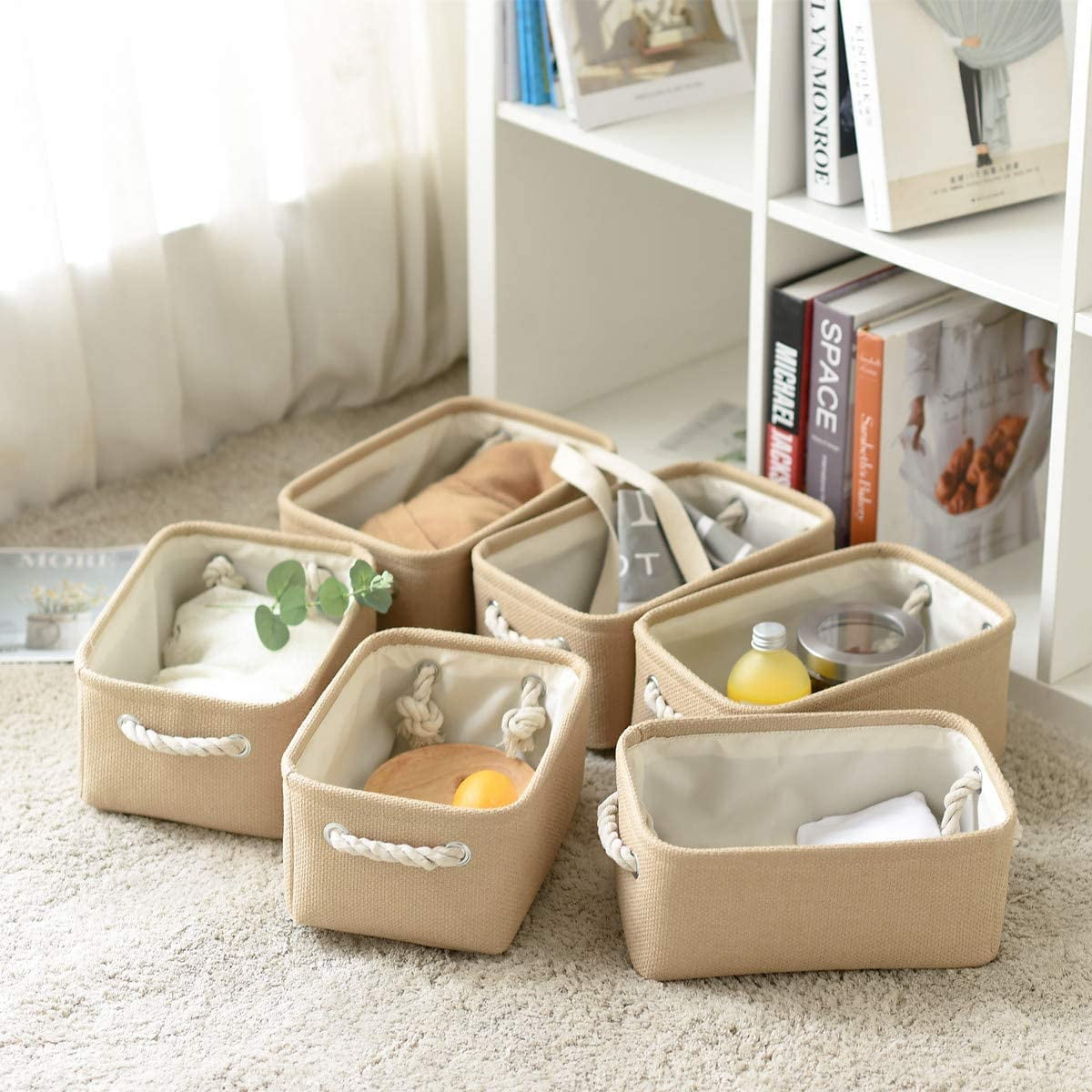 Tegance Small Storage Baskets for Shelves, Storage Cube Organizer, Storage Bins, 12 x 8 x 5 Inches, Rectangle Canvas Fabric Collapsible Shelf Box with Handles, Beige