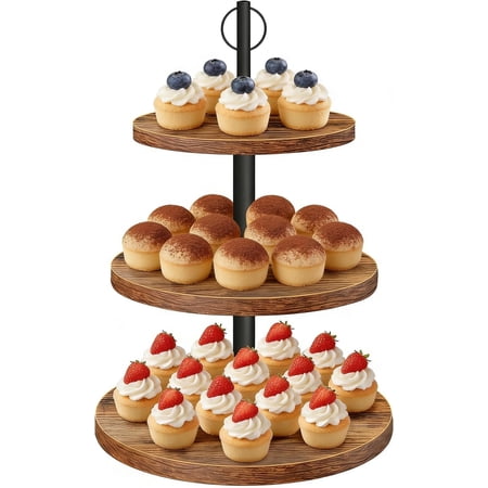 Cupcake Stand 3 Tier Cake Stands Rustic Cupcake Tower Round Tiered Tray Stand for Dessert Table Display Industrial Wooden Serving Stand Wedding Graduation and Shower