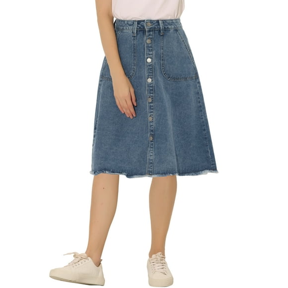 Unique Bargains Women's Denim Skirt Raw Hem Button Down A-Line Midi Jeans Skirts