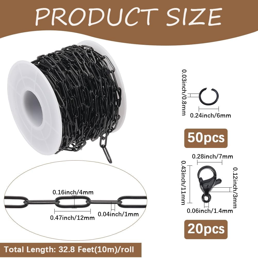 33 Feet/10m 12 x 4mm Stainless Steel Paper Clip Chain Black Chain Kit with Jump Rings Clasps Paperclip Oval Roll Connector Link Accessories for Jewelry Making Necklaces Bracelets DIY Crafts Black DIY