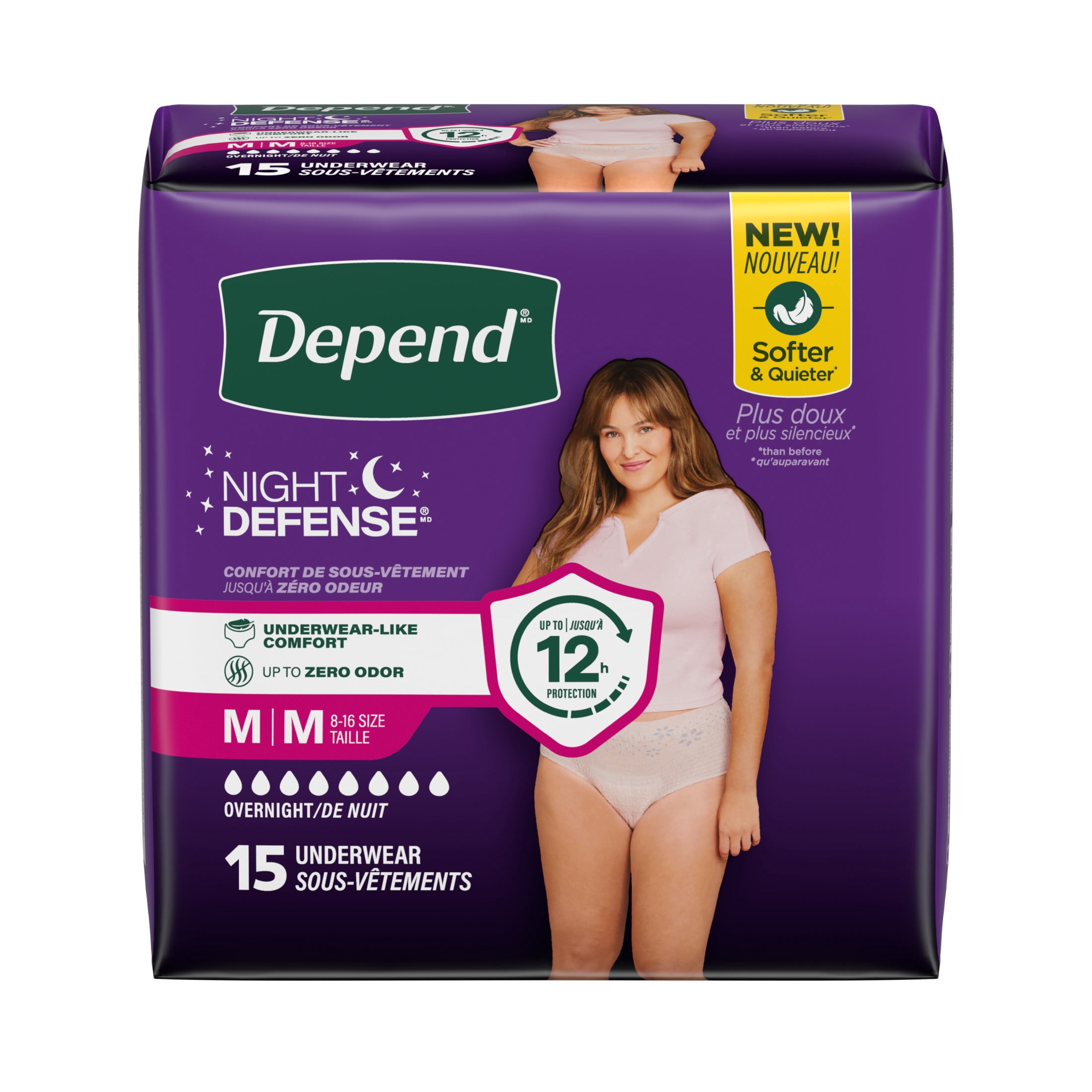 Depend Night Defense Incontinence Underwear for Women, Adult Diapers, M (15 Count)