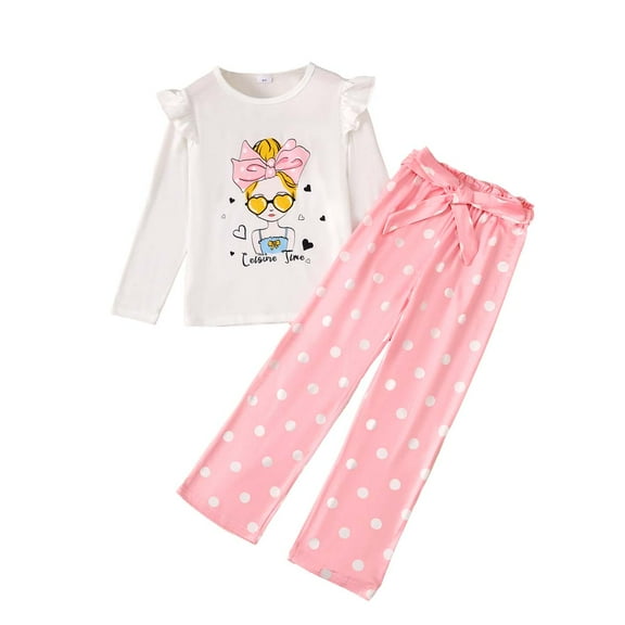 Kucnuzki 13T Big Girl Winter Outfits Pants Sets 14T Big Girl Long Sleeve Cute Cat Prints Pull-Over Top Elastic Dot Print Pants 2PCS Set White