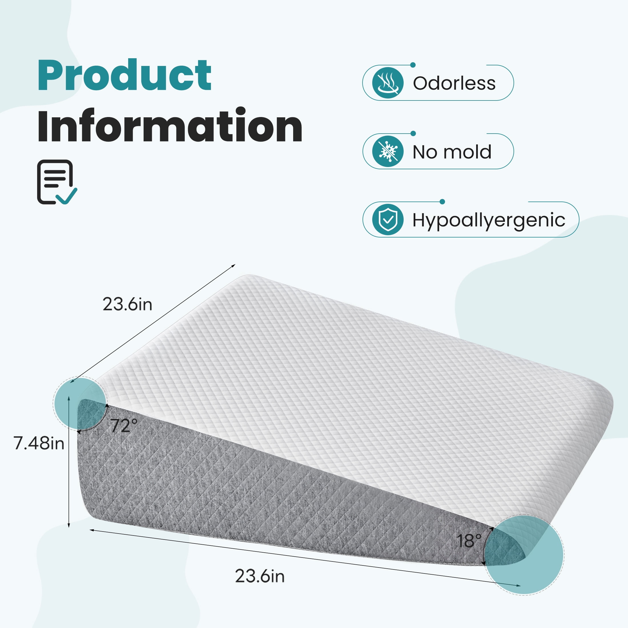 EDX Bed Wedge Pillow, Foam Bed Pillow with Washable Cover for Sleep Apnea, Acid Reflux, and Back Pain Relief, Leg Elevation, Incline Cushion for Sleeping (Standard Width 7.5" Height)