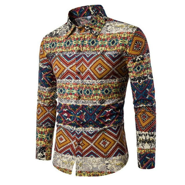Chemise à Manches Longues pour Hommes Grande Taille Imprimé Floral Décontracté Ajusté en Mélange de Coton Col Rabattu