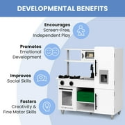 Delta Children Deluxe Modern Kitchen - Wooden Toy Kitchen Playset with Realistic Knobs that Turn/Click, Oven, Sink and Fridge/Freezer with Ice Maker, White
