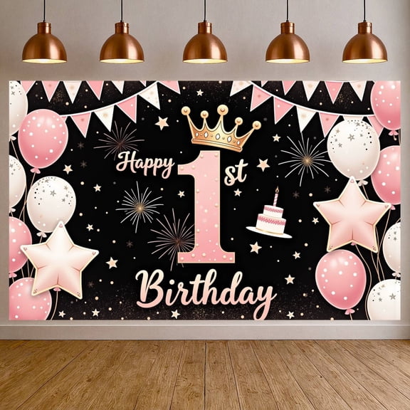 Pink Gold Theme 1st Birthday Banner Princess Style Backdrop Crown Decor Star Pattern First Birthday Display for 1st Birthday Party Baby Girl Celebration Photo Shoot Backdrop
