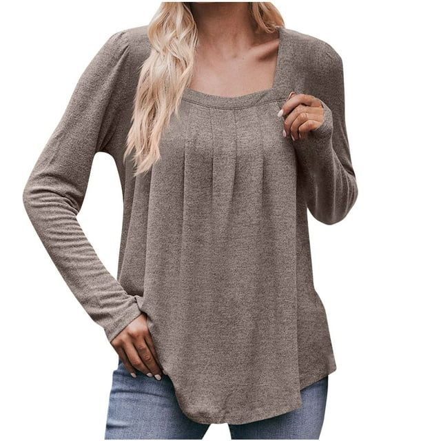 Enjoytime Hauts d'Hiver pour Femmes Couleur Unie Manches Longues Blouse Plissée Col Rond Chandail Décontracté Vêtements Amples