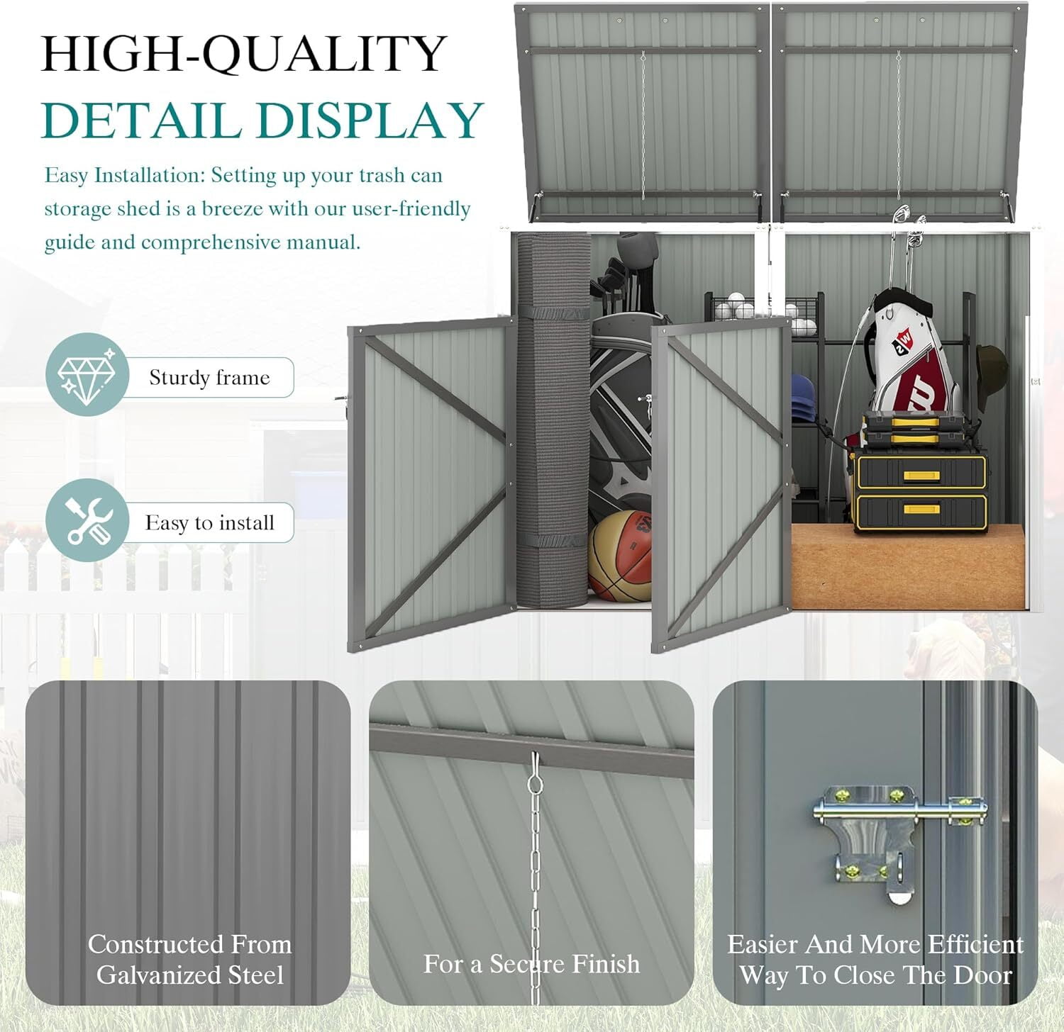 Montary 54 CU.FT Metal Outdoor Garbage Bin Storage Shed with Chain Lid, Waterproof Trash Can Organizer for 2 Bins, Garden Tools for Garden Yard Lawn, Grey