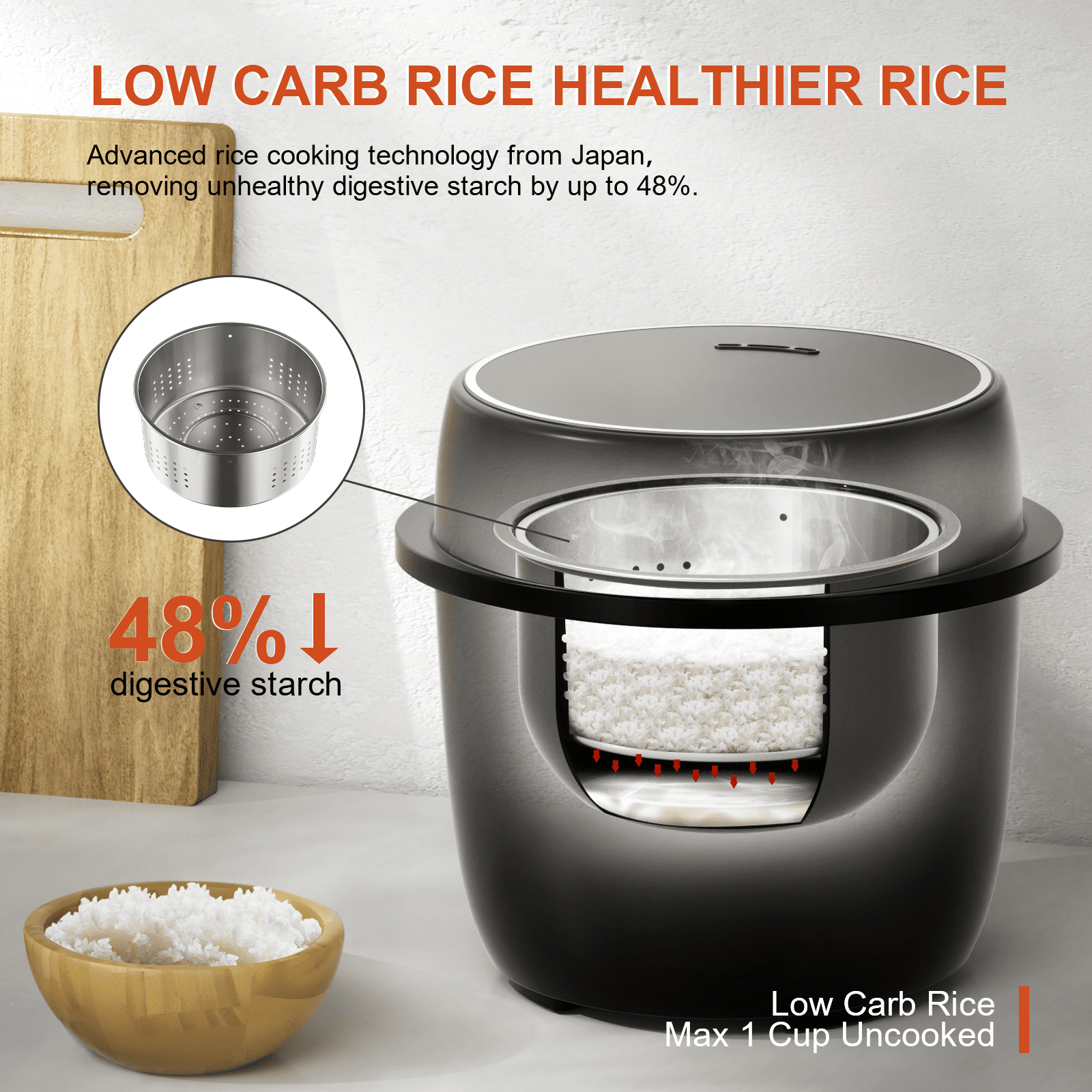 Banu RNAB096LFL3SZ banu mini low carb digital programmable multi-functional rice  cooker, reduce sugar slow cooker, warmer, 3 cups (white rice)