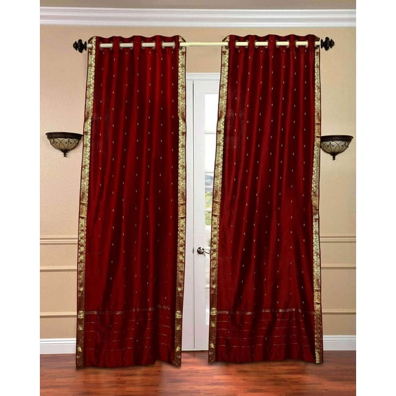 Lined Ring Top Sari Curtains 43" W X 120" L matching tiebacks- Handcrafted Maroon Indian Drapes with Lining, Offering Privacy and Insulation for Living Room/Bedroom/Dining Room, Sold in Pairs