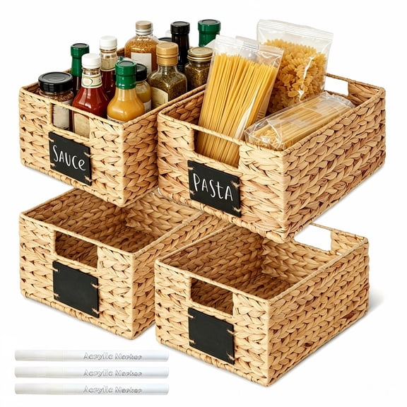 Finew 4-Pack Water Hyacinth Wicker Storage Baskets with Handles and Chalkboard Labels, 12"x9"x6", Natural