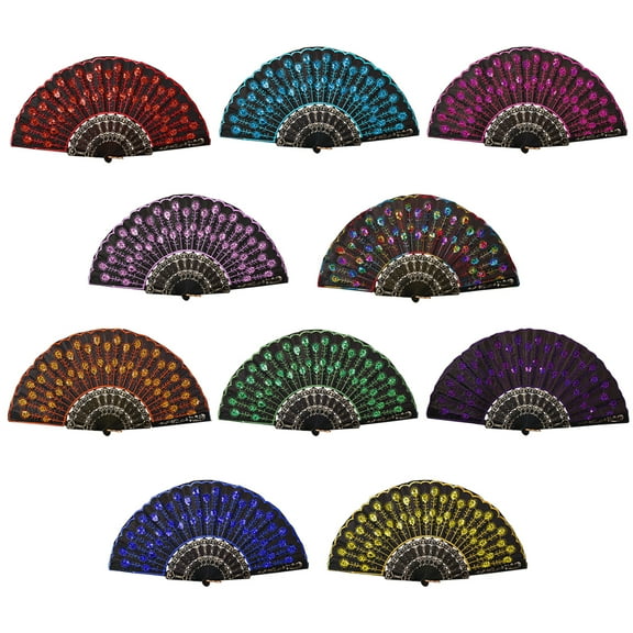 10-Pack Vintage Style Foldable Hand Fans with Sequin & Embroidery - Elegant Wedding Party Favors, Dance Performance Fans, Decorative Handheld Folding Fans for Events
