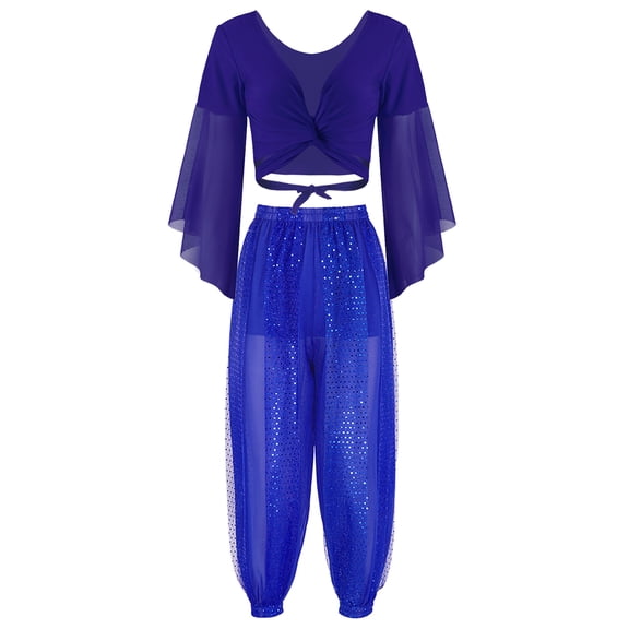 TiaoBug Womens Delly Dance Outfits Flare Sleeve Crop Top with Chiffon Harem Pants Dancewear Set Royal Blue One Size