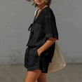 thumbnail image 6 of Ecqkame Two Piece Sets for Women Linen Front Tie V Neck Short Sleeve Tops and Elastic Pockets Shorts Casual Summer Lightweight Outfit Set Black XXXL, 6 of 9