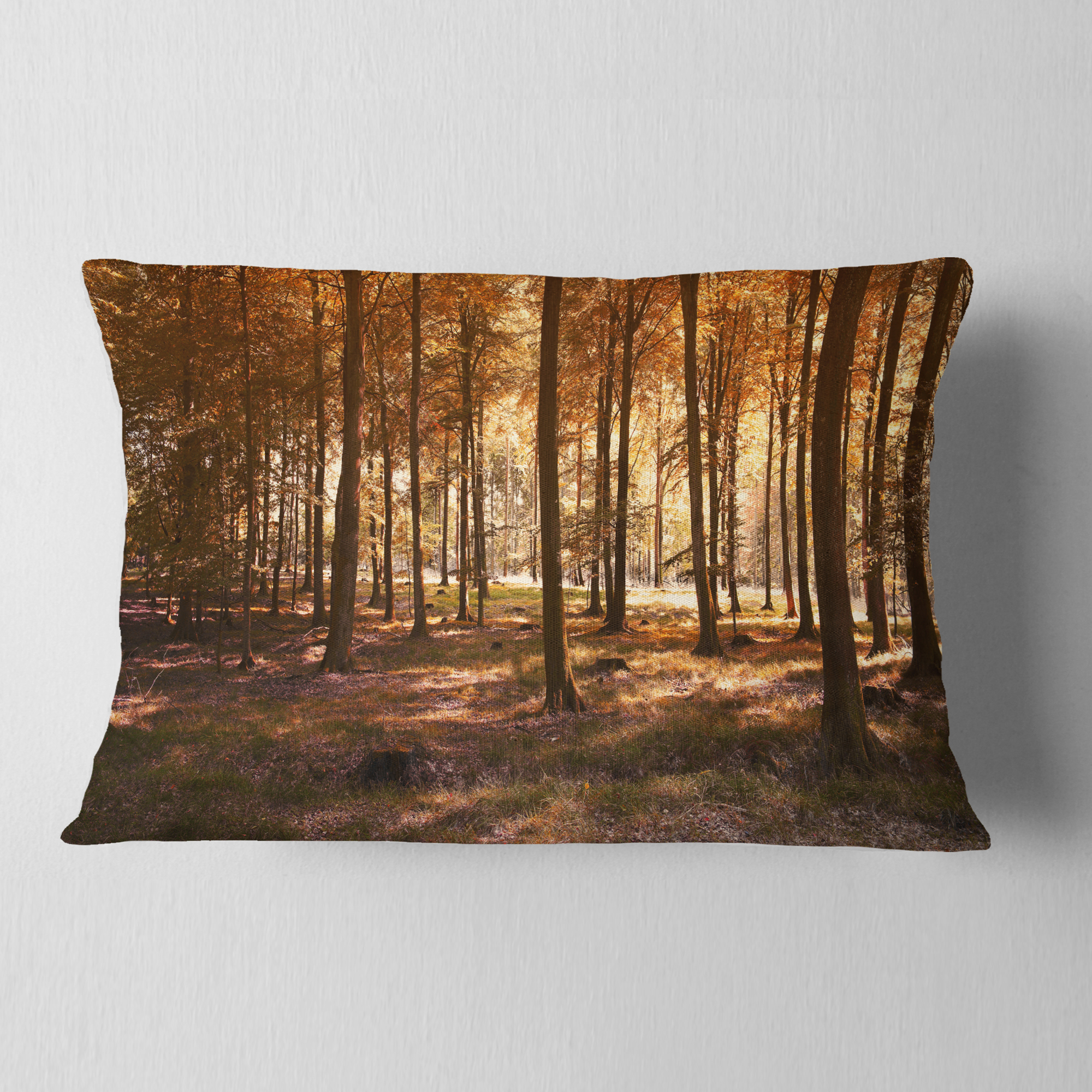 Designart Thick Fall Forest with Orange Leaves - Landscape Photography Throw Pillow - 12x20