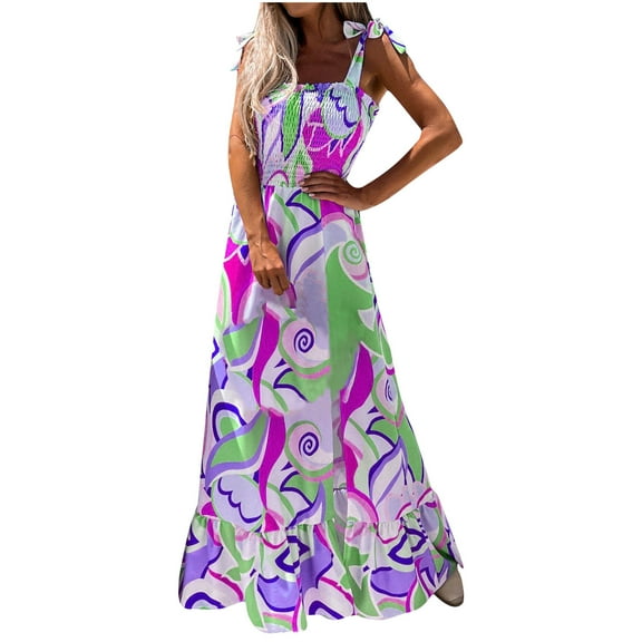 IROINNID Women's Sleeveless A-Line Dress Round Neckline Maxi Dress Casual Multicolor Ruffle Beach Sling Dress Regular Print Dress