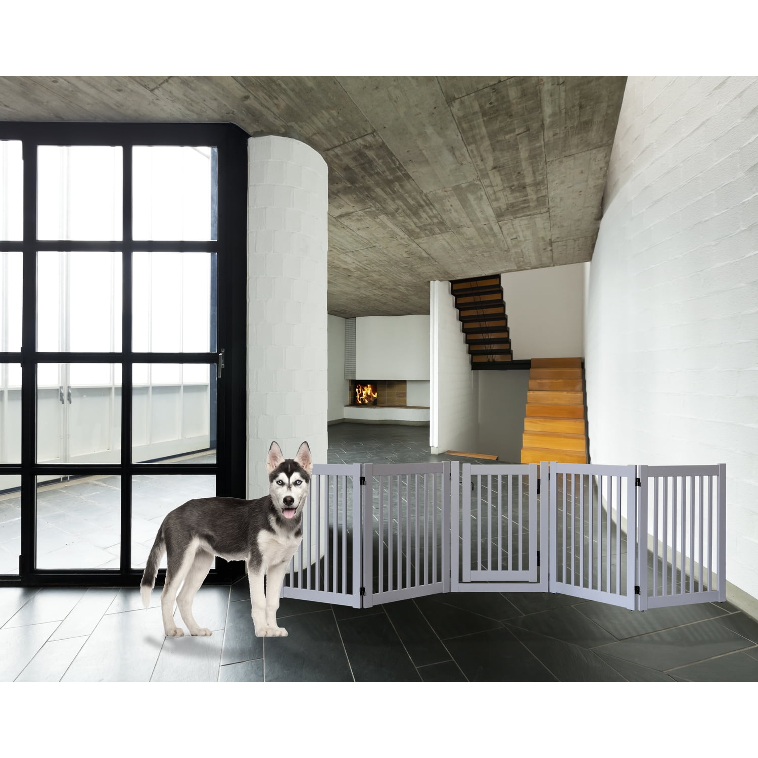 Dynamic Accents Highlander Series Solid Wood Pet Gate - 5 Panel Walk Through - Pumice Grey-Color:Pumice Grey,Style:32" High - 5 Panel Walk Through