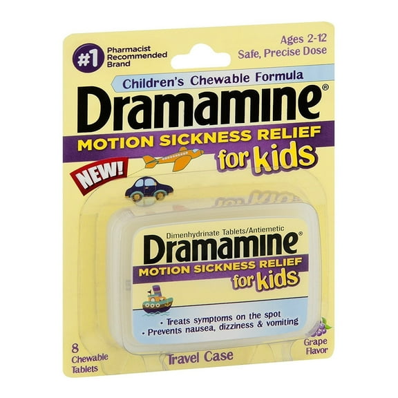 Dramamine Motion Sickness Relief for Kids Travel Case, Grape, 8 Ct, 12-Pack