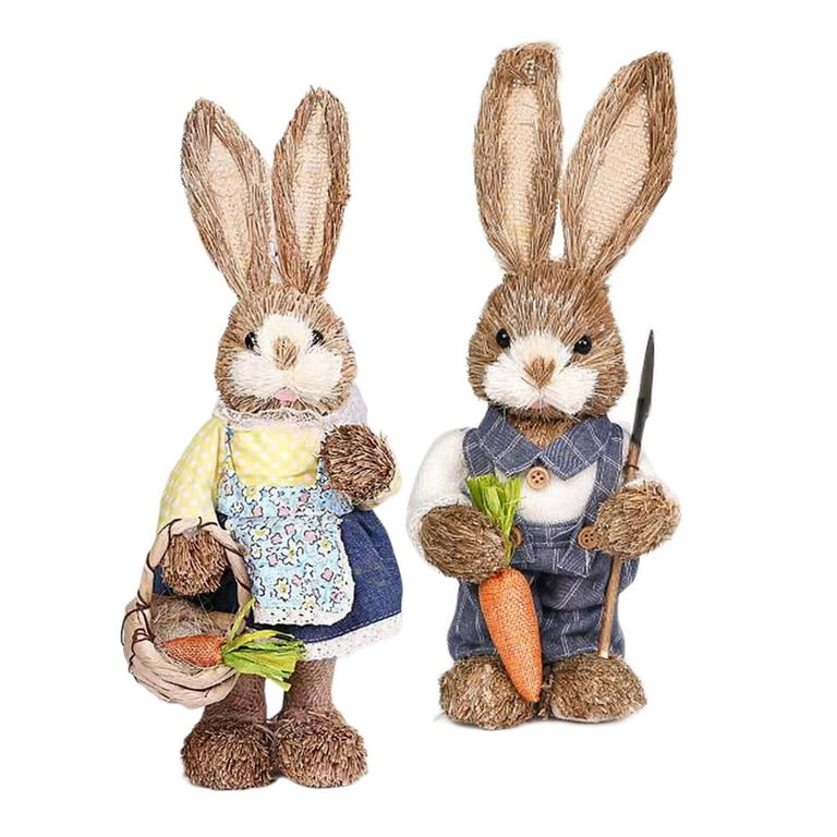 2Pcs Straw Rabbits Easter Bunny Home Garden Decorations Centerpiece Ornament