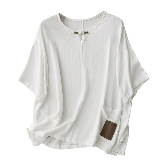 Taqqpue Womens Summer Plus Size Cotton Tops Solid Color Crew Neck Short Sleeve T Shirts Loose Fit Casual Basic Blouses Tops with Pockets