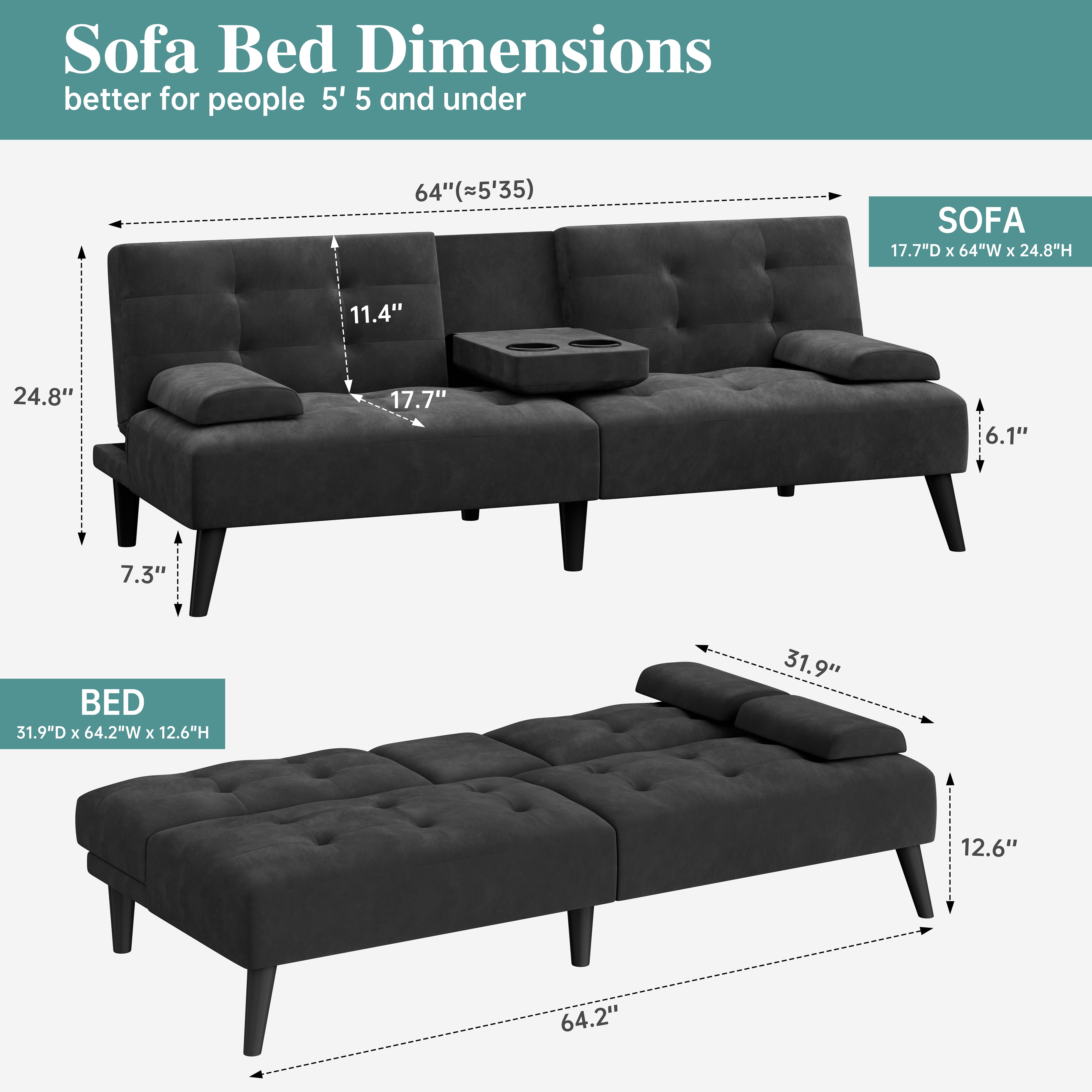 Walsunny 64" Sofa Bed Futon Couches, Folding Loveseat Recliner with 3-Angle Adjustment, Removable Arms 2 Cup Holders for Small Spaces,Black