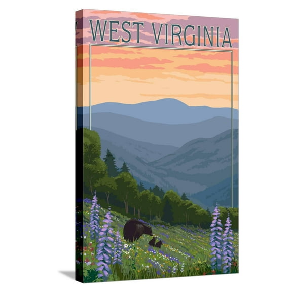 Art.com West Virginia - Bear and Spring Flowers Stretched Canvas Print Wall Art by Lantern Press, 16" x 24"
