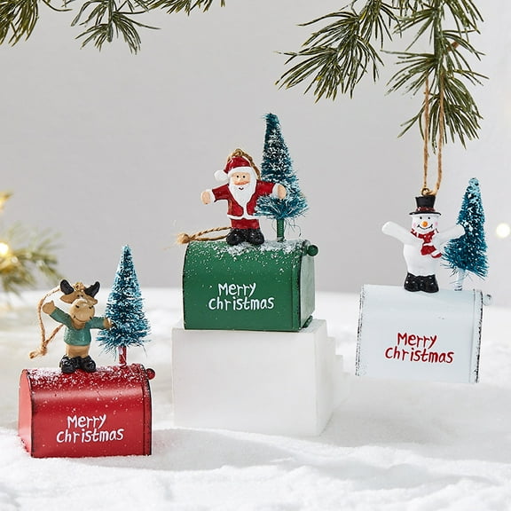 3-Pack Mini Mailbox Christmas Tree Ornaments – Vintage Resin & Metal Money Holder Decorations, Letters to Santa Post Box Hanging Décor for Home, Indoor Outdoor, Gift for Kids & Families