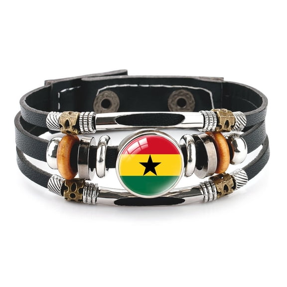 Uijokdef Country Flag Leather Bracelet, Multi-Layer Black Cowhide Design, 7.87 Inches