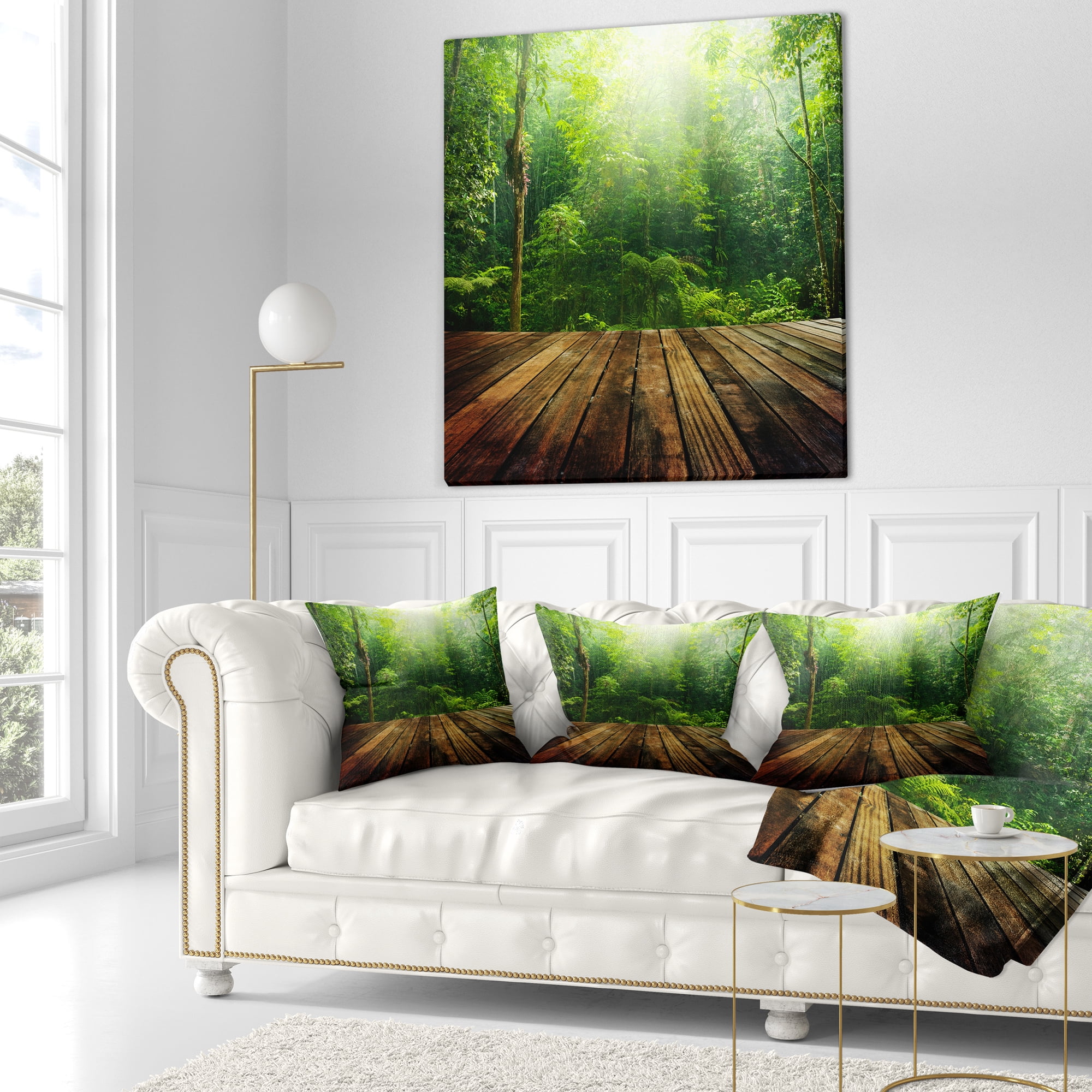 Designart Green Forest with Ray of Light - Landscape Photo Throw Pillow - 18x18