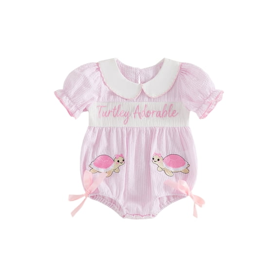 BemeyourBBs Newborn Baby Girl Summer Clothes Smocked Bubble Romper Infant Baby Girls Turtle Outfit Cute Embroidered Doll Collar Short Sleeve Jumpsuit Bodysuit Playsuit with Bows