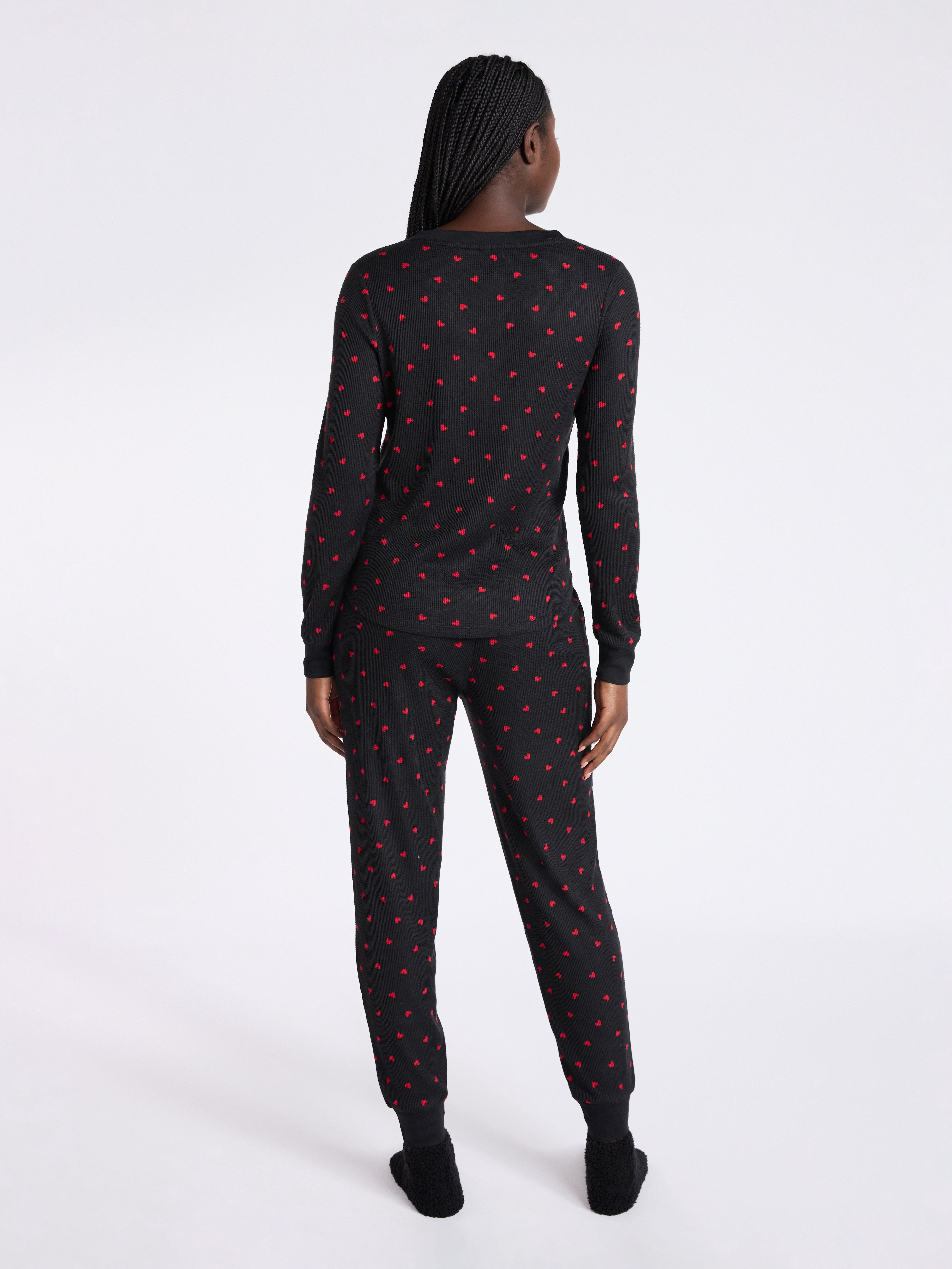 Joyspun Women's Waffle Knit Henley Sleep Top, Joggers and Socks Pajama Set, 3-Piece, Sizes XS-3X